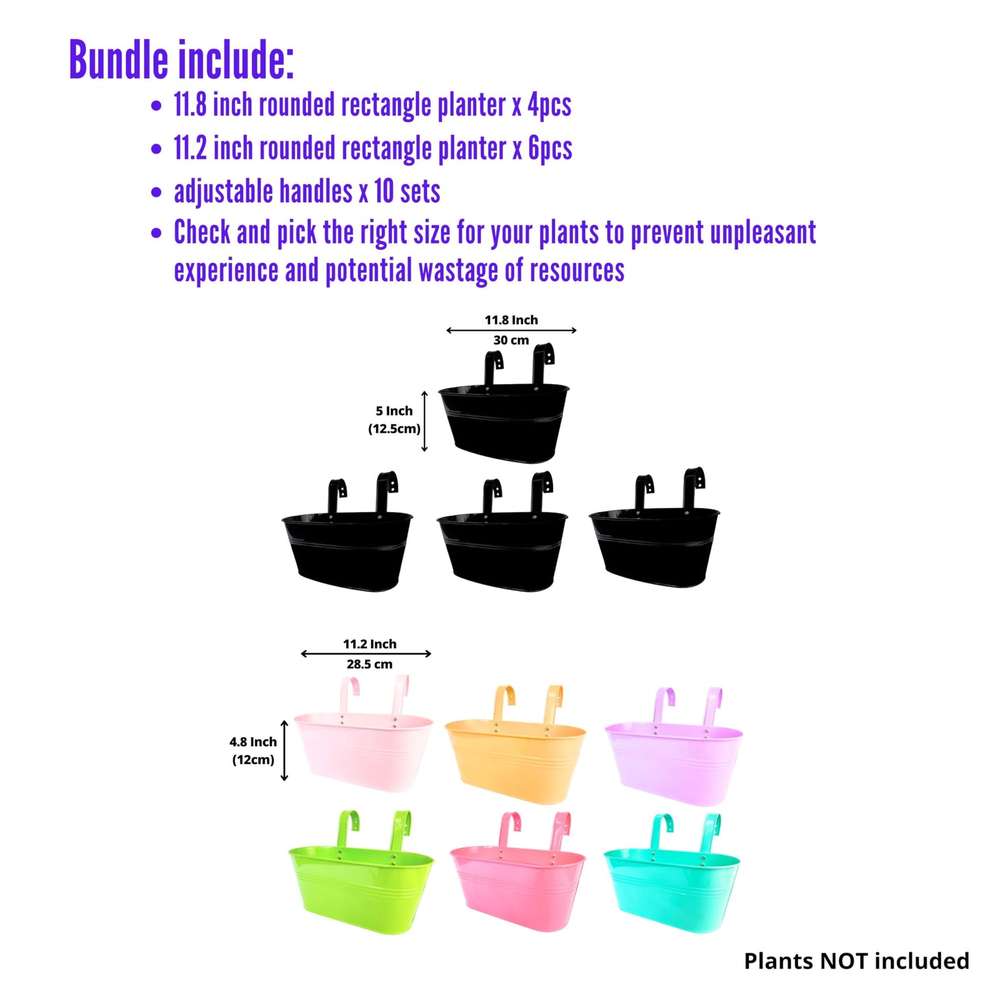 LaLaGreen Bundle - 4 Pack, 11.8 Inch Black + 6 Pack, 11.2 Inch Multicolor Rounded Metal Iron Hanging Flower Pot Wall Mount Modern Window Bucket Box Porch Deck Railing Fence Outdoor Garden Plant Holder