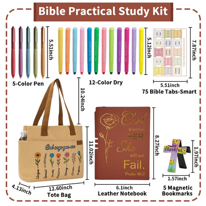 25 PCS Bible Study Supplies Kit, Large Capacity Canvas Tote Bag for Women Organizer, Bible Highlighters and Quick Dry Pens No Bleed Through Tabs, Christmas Christian Gifts for Women Mom Friends