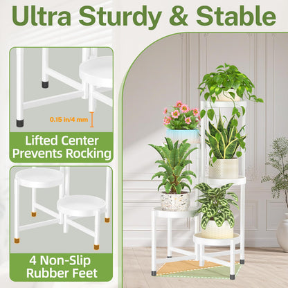iDavosic.ly Plant Stand Indoor Outdoor, 5 Tier Corner Metal Flower Display Holder Shelf, Folding Tall Orchid Rack for Patio Balcony Porch Garden Living Room House, White