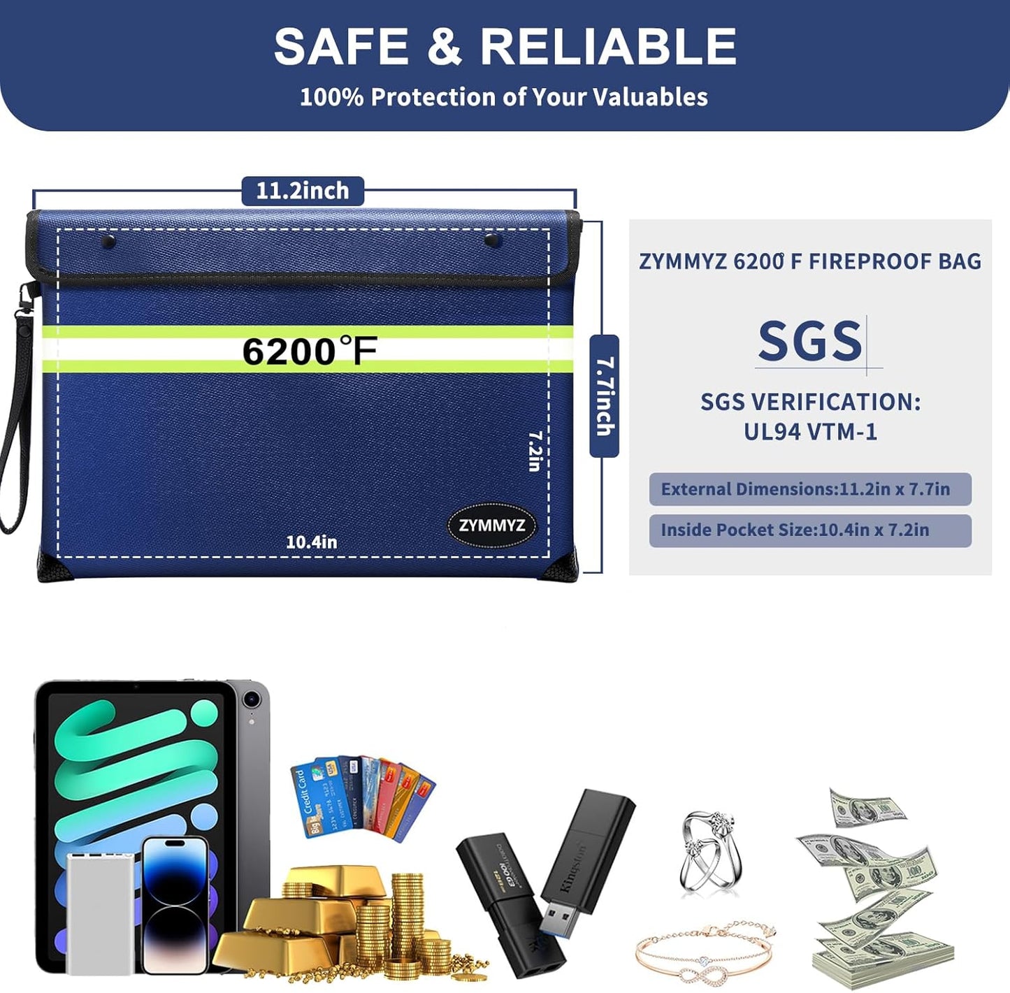 6200℉ Fireproof and Waterproof Document Pouch with Water Resistant Zipper,9 Layers of Heat Insulated Materials Fireproof Envelopes for Important Documents,Valuables（Not Suitable for A4 Files）