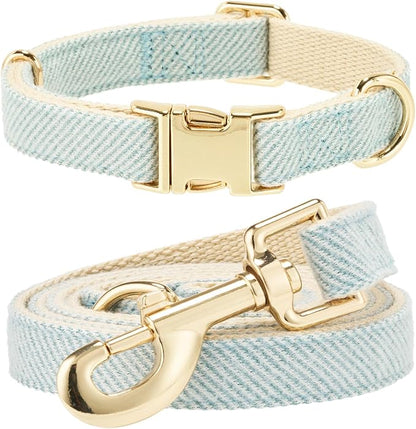 Luxury Soft Cotton Tweed Fabric Dog Collar & Leash Set with Gold Buckle – Durable Fabric, Stylish Design for Everyday Walks(Small LtBlue)