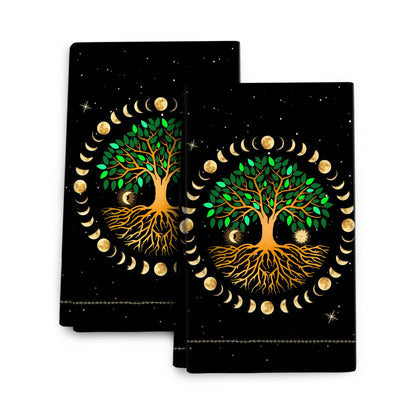 Wovoto Black Kitchen Dish Towel Set of 2, Ancient Life Tree Decorative Tea Towels Hand Towels for Kitchen Bathroom Farmhouse Bar Decor, Moon Luna Hippy Decor Drying Cloth