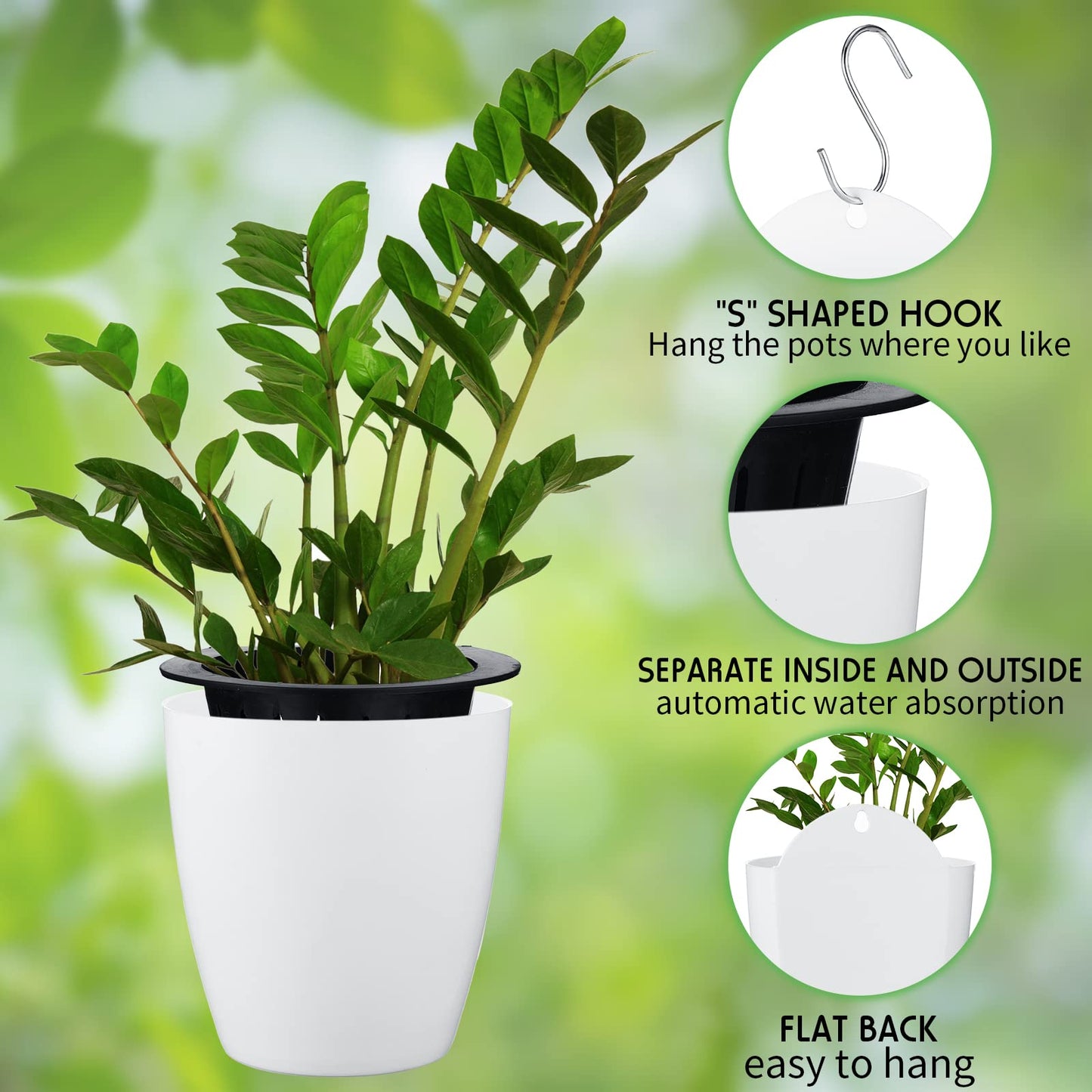 Yungyan 20 Sets 5" Self Watering Hanging Planter White Lazy Flower Pots Plastic Wall Propagation Window Wall Mount Planter with Hooks and Absorbent Cotton Ropes for Indoor Succulent Plants