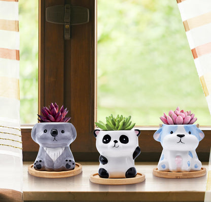 6 Pack Animal Ceramic Succulent Pots with Drainage – Mini Cute Planters with Bamboo Trays for Indoor Plants & Cactus, Adorable Animal Pots for Desk, Office, Home Decor, Gift for Kids & Plant Lovers