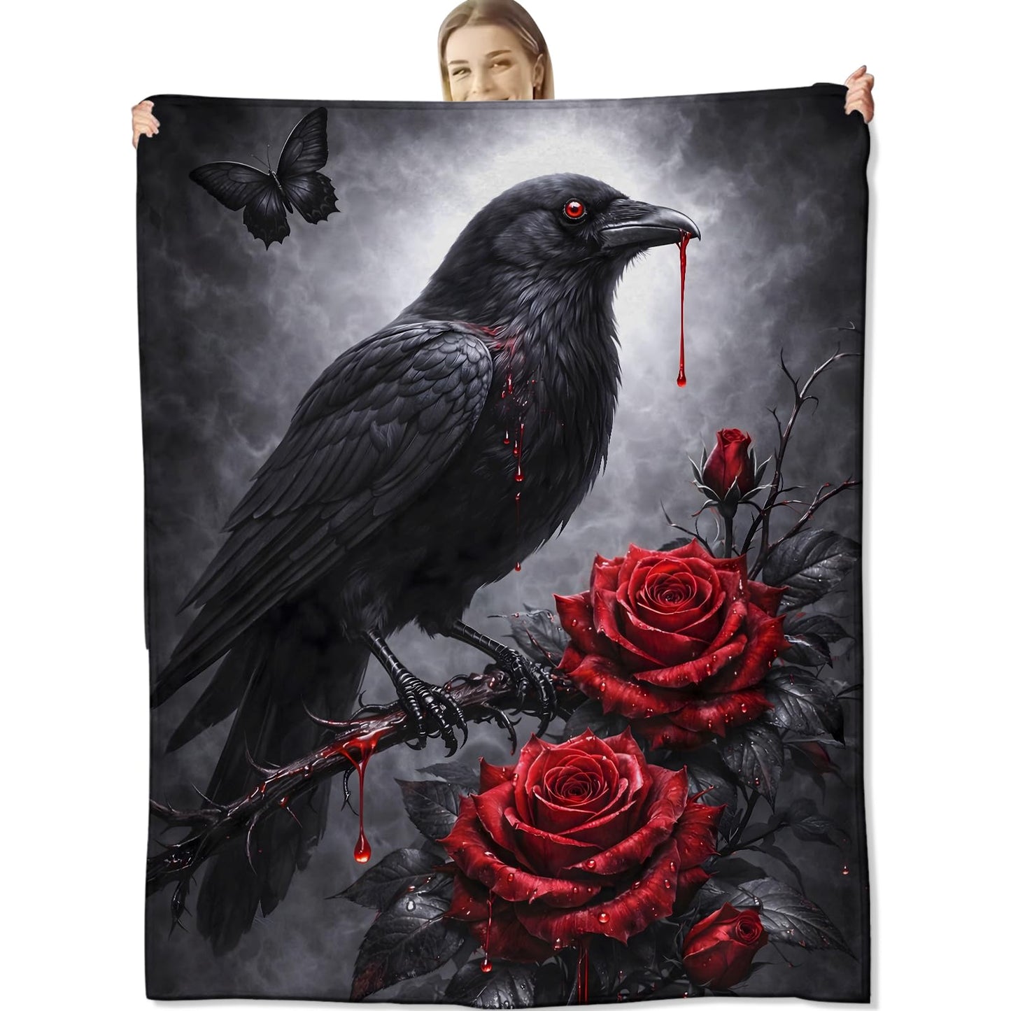 cromcu Raven Gothic Flannel Throw Blanket, 50x60in, Soft Warm Cozy Blankets with Black Raven and Red Rose, Gothic Gifts for Women Crow Lovers, Halloween Home Decor Dorm Office Travel Camping