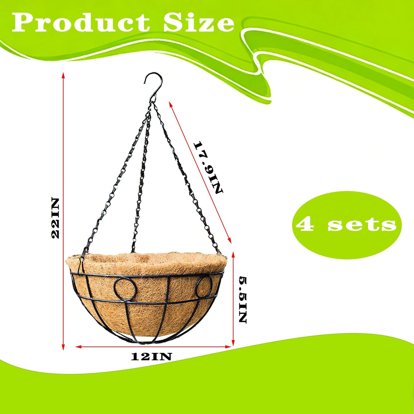 JFFLYIT 4 Pack 12" Round Metal Hanging Basket for Outdoor Plants Durable Large Hanging Planter with Coco Coir Round Plant Holders Planter for Outside Garden Decoration (Circular)