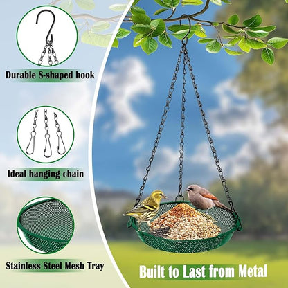 Hanging Bird Feeder for Outdoors – 9 in Metal Mesh Bird Feeder Tray Platform for Small Wild Birds, Green