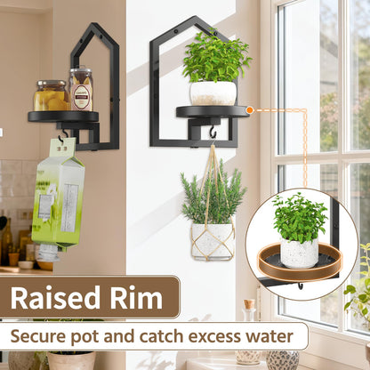 LASZOLA 3 Pcs Black Wall Mount Plant Shelves with Hangers for Indoor Flower, Heavy Duty Metal Window Floating Planter Holders Stand, Iron Modern Picture Frame Decorative for Bathroom Kitchen with Hook