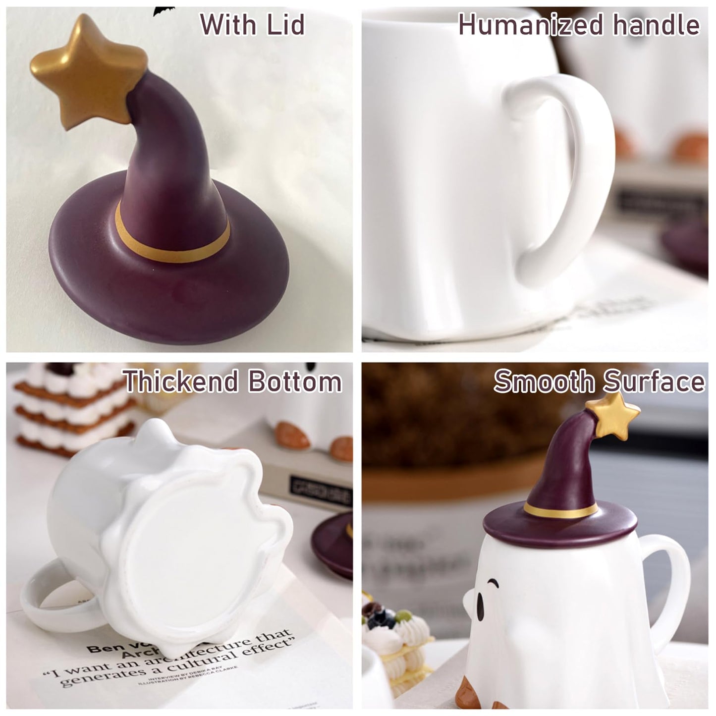 J.Ehonace Spooky Ghost Ceramic Coffee Mug 16oz – Adorable Halloween Design with Witch Hat & Stars – Microwave/Dishwasher Safe – Festive Home Decor & Holiday Coffee Cup