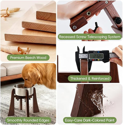 Elevated Bowl Stand Set 12-inch with Heavy Duty Beech Wood Made, Anti-Vomit Design for Medium Breed, Senior Dogs, Ergonomic Neck Protecting, Adjustable Diameter, Easy Clean Non Toxic