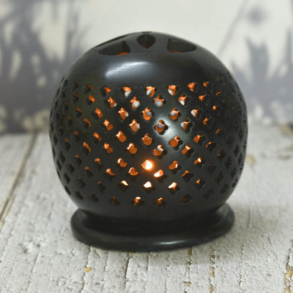 Tealight Candle Holder Soapstone/Gift for Loved Ones/Home/Office Decor (Black Round)- 4 inch