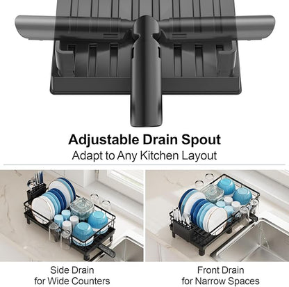 GSlife Expandable Dish Drying Rack - Countertop Drainer, 12-20.5", Black | Compact Extendable Design, Swivel Drain Spout, Cup and Utensil Holder, for Small Kitchen, RV, Countertop Dish Drainer Tray