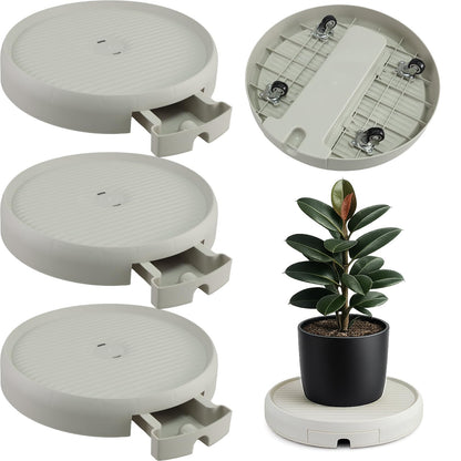 3 Pack 13 Inch Plant Caddy with Hidden Wheels and Water Tray Rolling Plant Stand with Wheels Heavy Duty Plant Dolly Roller Base with Wheels Round Flower Pot Rack Holder Planter Trolley Tray, Beige