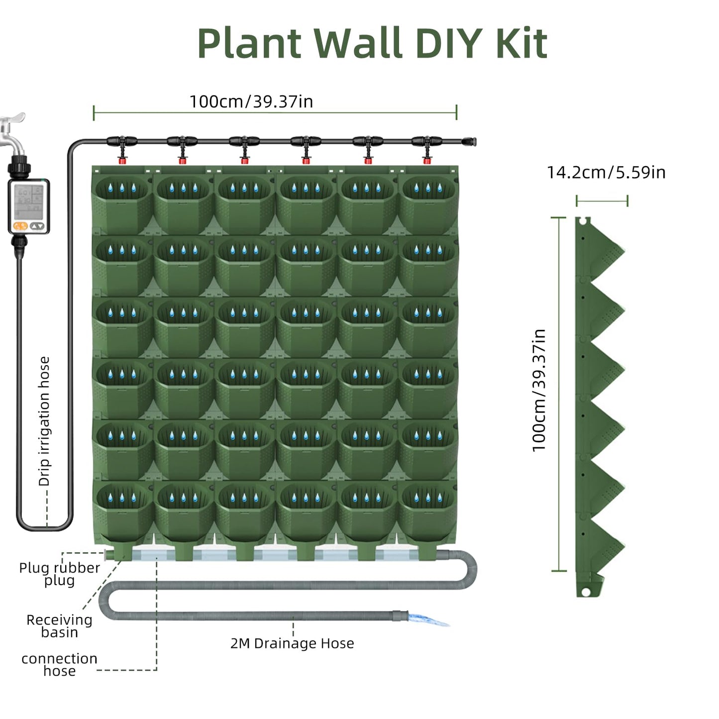 ZIAERKOR 36 Pockets Self Watering Wall Mounted Vertical Planter, Wall Planter Indoor Vertical Living Green Plant Wall Easy Installation (Green with Timing System)