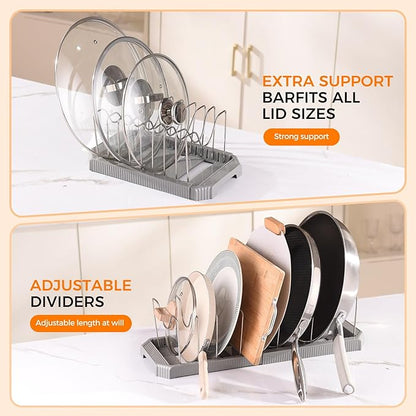 Adjustable Pot Lid Organizer Rack, 9 Compartments Cabinet Storage Holder for Pots, Pans, Lids, Cutting Boards, Bakeware
