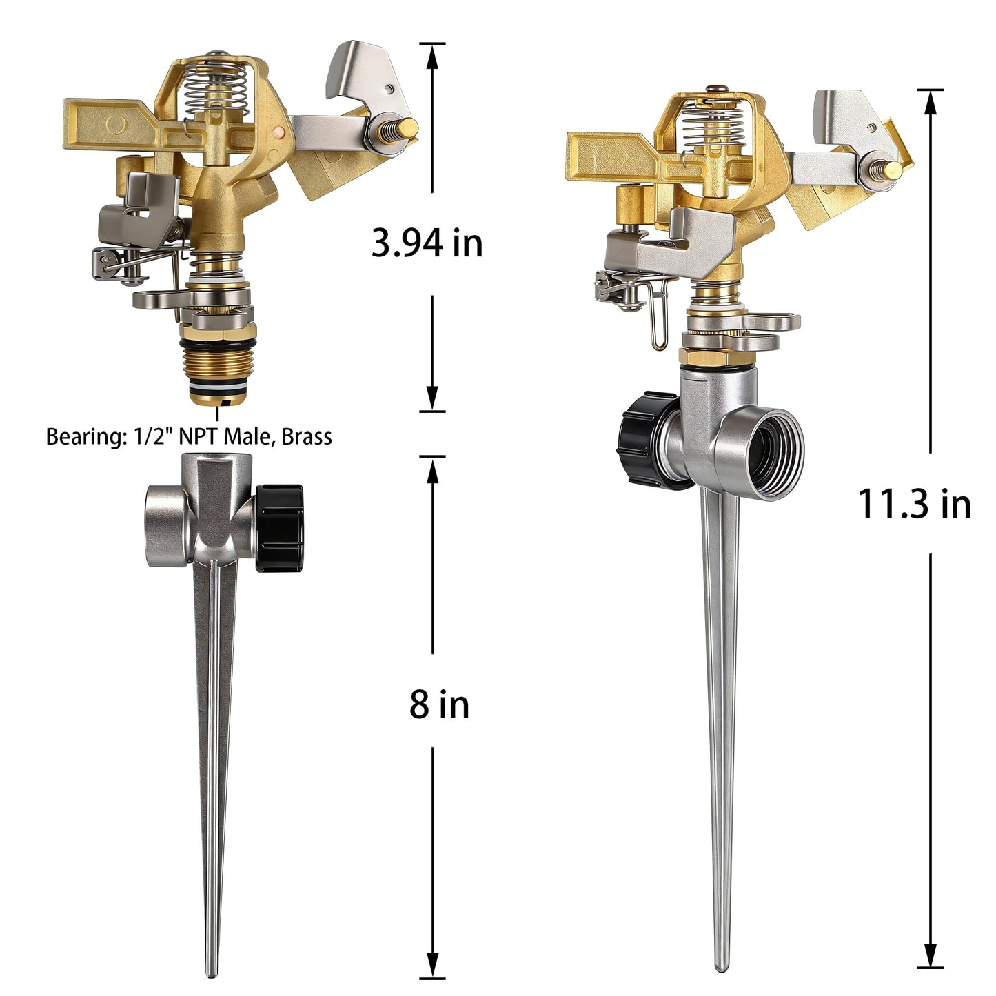 Triumpeek 2 Packs Impact Sprinkler on Spike Base, Heavy Duty Brass Water Sprinkler Head with Aluminum Alloy Stand, Adjustable 360 Degree Large Area Irrigation Sprinkler for Yard Lawn Patio Garden