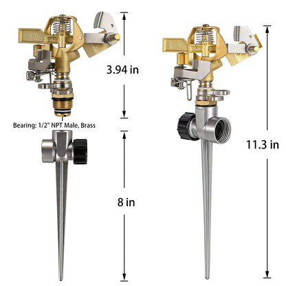 Triumpeek 2 Packs Impact Sprinkler on Spike Base, Heavy Duty Brass Water Sprinkler Head with Aluminum Alloy Stand, Adjustable 360 Degree Large Area Irrigation Sprinkler for Yard Lawn Patio Garden