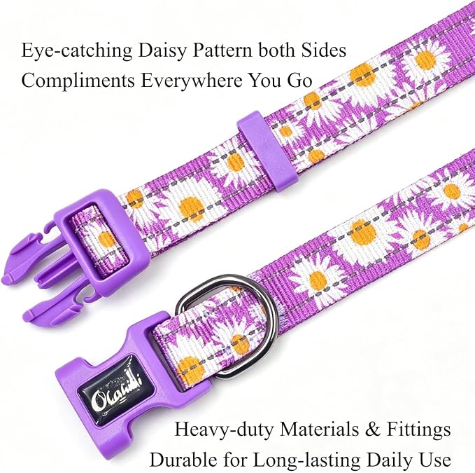Dog Collar Leash Set, Floral Pattern, with Safety Reflective Strips, 5 ft Matching Leash, Neoprene Padded Handle, Adjustable 4 Sizes for Small Medium Large Dogs.(S, Purple Daisy)