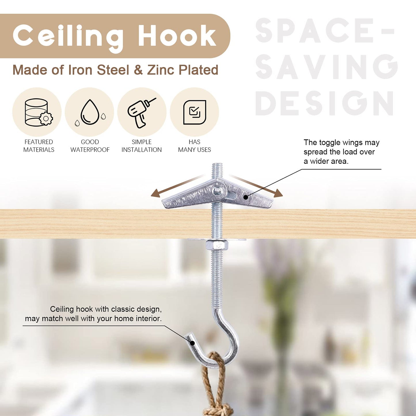Wokape 64Pcs M4×75 Heavy Duty Carbon Steel Ceiling Hooks Spring Toggle Wing Bolts Wall Fixing Ceiling Hooks Pothook Wall Fixing Anchors Ceiling for Hanging Plants