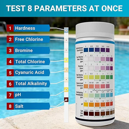 2026 Salt Water 8-in-1 Pool Test Strips Kit | 150 Strips Pool Salt Test Strips | Salt Water Pool Testing Kit for Pools, Hot Tubs & Spas Quick Accurate Tests Salt, Chlorine, pH, Cyanuric Acid