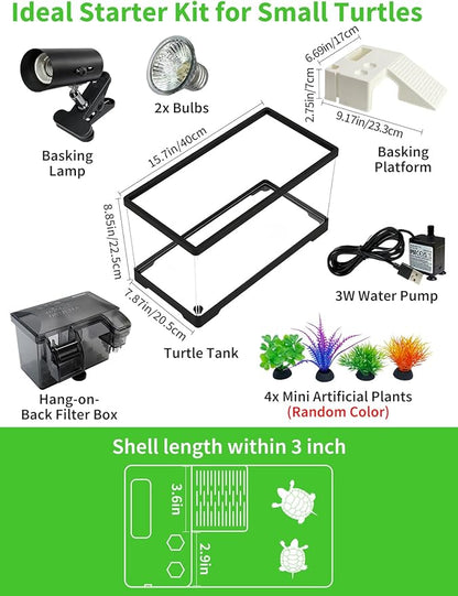 15.7in Turtle Tank Starter Kit with Basking Platform, Hang-on-Back Tank Filter, Adjustable Flow Pump & 360° Timer Basking Light, Bottom Drainage Reptile Aquarium for Small Turtles Aquatic Pets