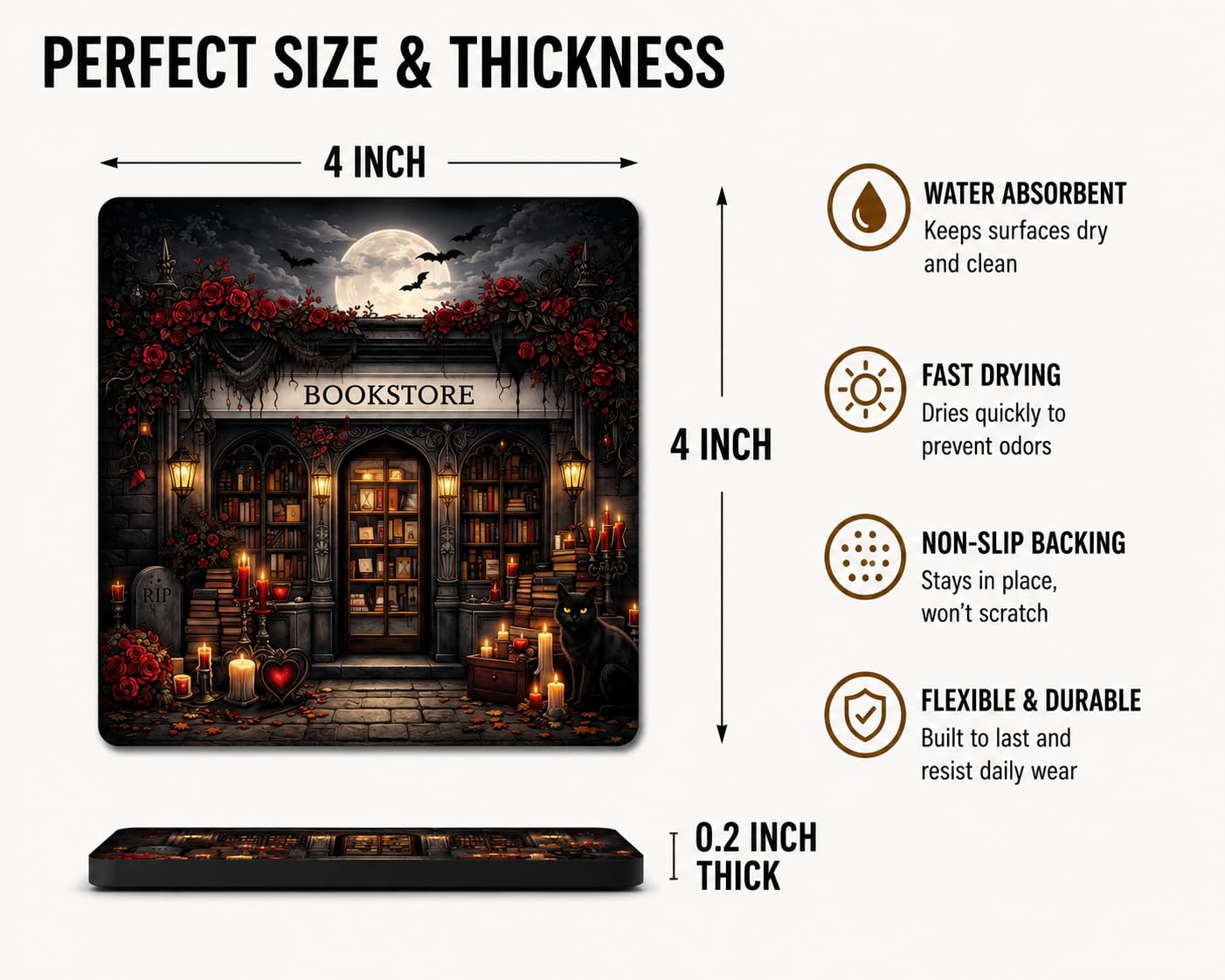 Halloween Bookstore Scene Coaster Set – Gothic, Spooky, Pumpkin and Witchy Bookshop Art for Cozy Autumn Decor (October Bookstore)