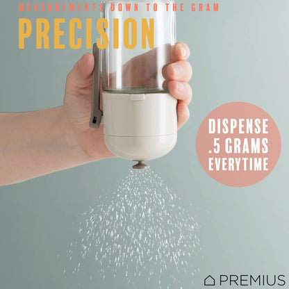 Glass Precision Spice Dispenser By PREMIUS, 8.45 Ounces, Durable Glass Bottle, Plastic Lid, Pour the Perfect Amount of Spices Every Time, Airtight Design with Sleek Glass, White