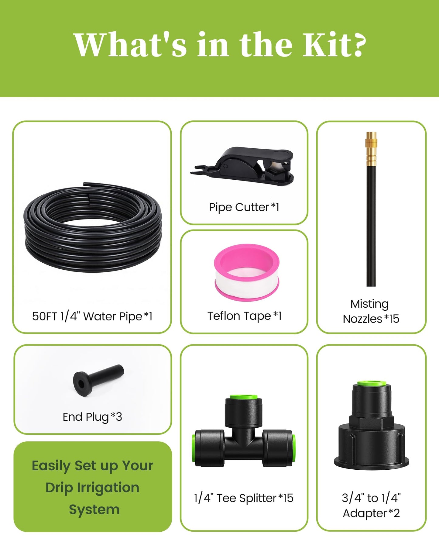 RAINPOINT 50FT Drip Irrigation System, Garden Watering Kit with 15pcs 360°Adjustable Copper Nozzles, Automatic Atomizing Watering Sprinkler System for Greenhouse, Lawn, Raised Beds, Outdoor Plants