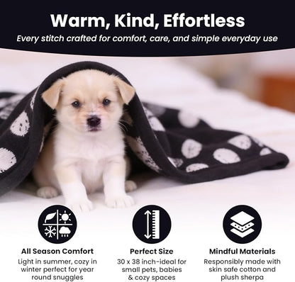 Small Pet Blanket - GOTS Certitied 100% Organic Cotton, Double Layer Plush Sherpa, Beige Jacquard Paw Knit, 30"x40", Ideal for Small Dogs and Cats - Soft and Warm