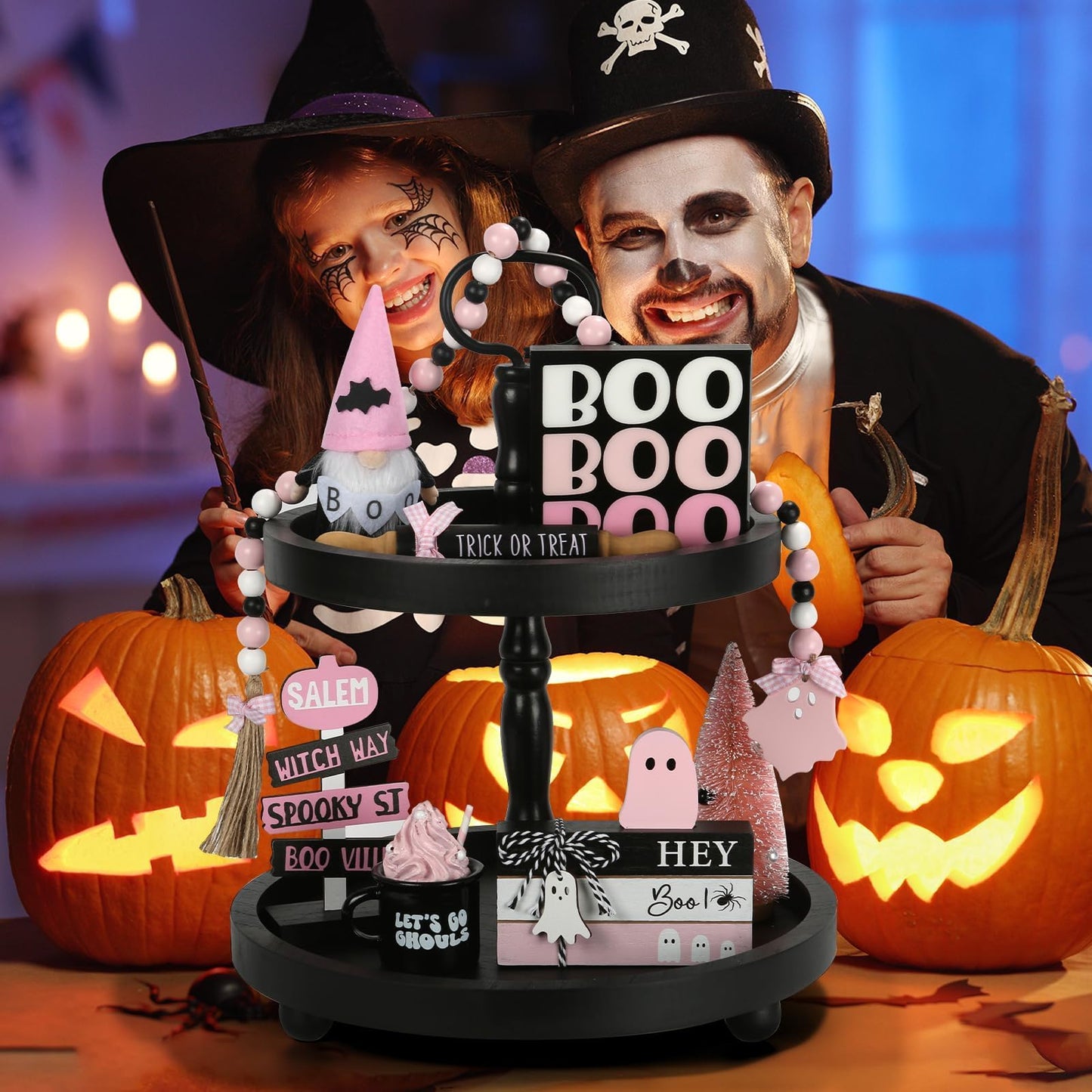 Pink Halloween Decorations 8PCS Tiered Tray Decor, Cute Girlie Tabletop Halloween Decor for Home Office Tray Shelf Mantel Office Table Centerpieces Farmhouse Rustic Spooky Wood Signs