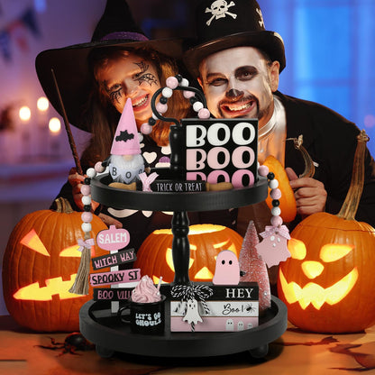 Pink Halloween Decorations 8PCS Tiered Tray Decor, Cute Girlie Tabletop Halloween Decor for Home Office Tray Shelf Mantel Office Table Centerpieces Farmhouse Rustic Spooky Wood Signs