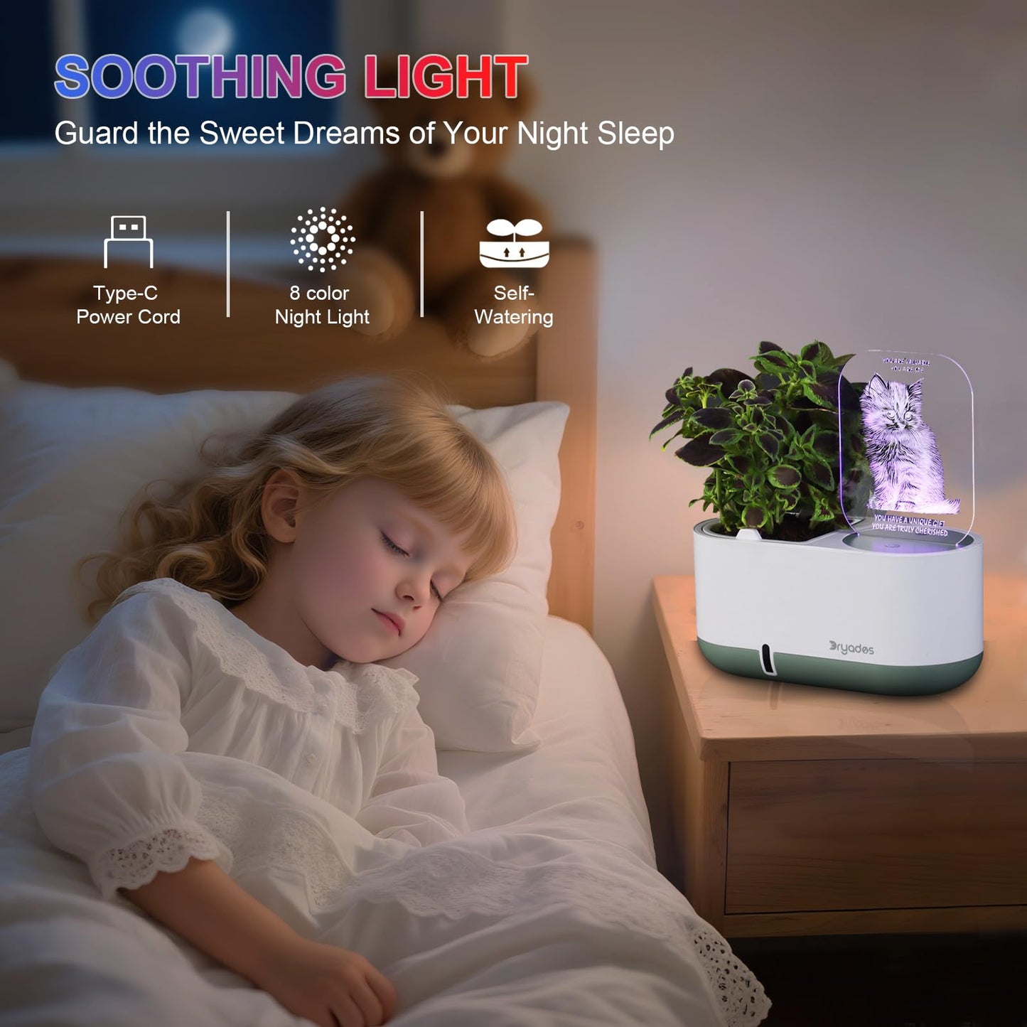 Self-Watering Planter with LED Note Board & 7 Colors Pen Acrylic Message Board with Light Acrylic Dry Erase Board, Led Cat Board Night Light with Planting Pot for Children's Day Gifts(No Plant&Seed)