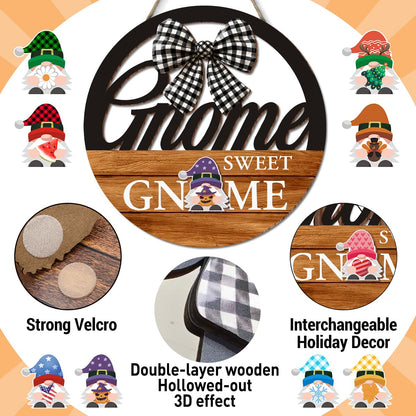 Interchangeable Seasonal Gnome Sweet Gnome Hanging Sign - Farmhouse Front Door Decoration for Spring All Seasons Holidays - Rustic Round Wood Wreaths with 12 Icons(Orange)