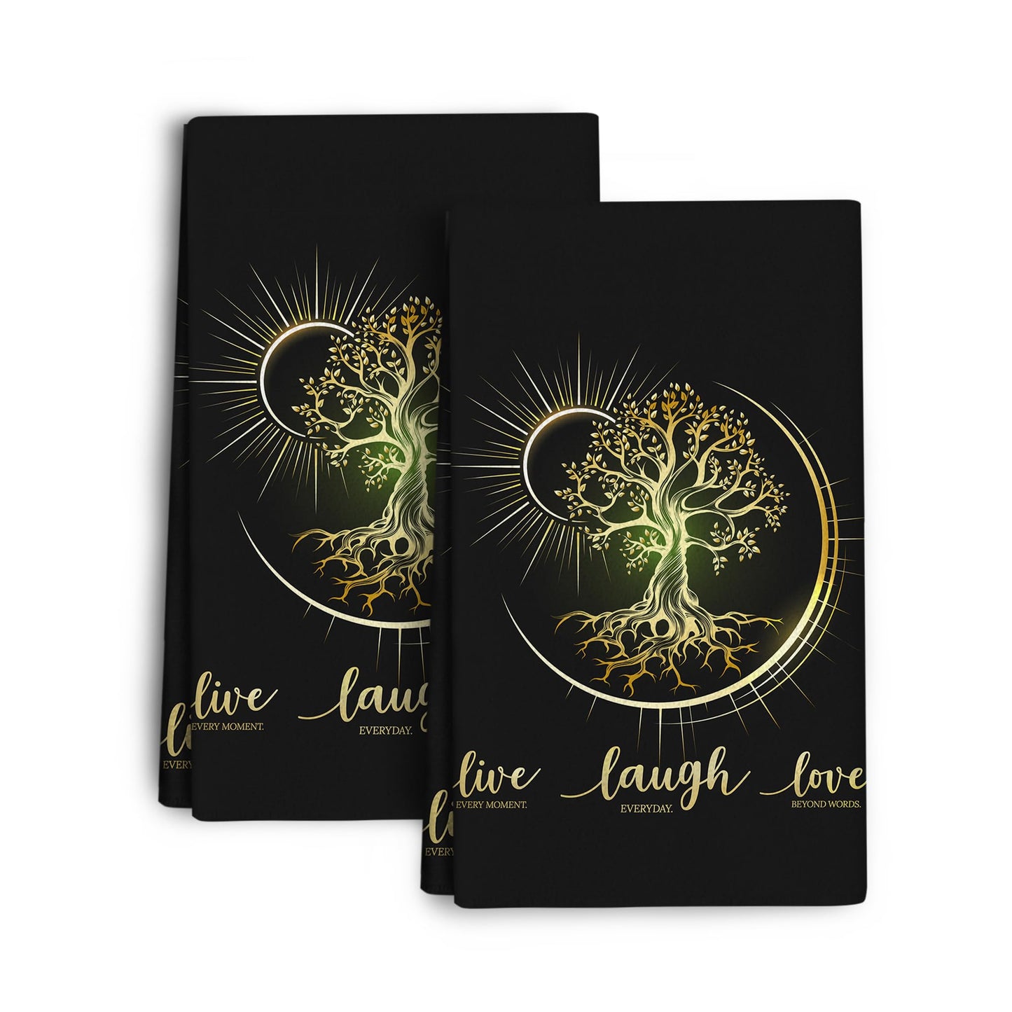 Wovoto Live Laugh Love Kitchen Towels Decorative Set of 2, Absorbent Tree Life Tea Towels Hand Towels for Kitchen,Hippie Witchy Kitchen Decor Aesthetic,Cute Moon Dish Towels for Kitchen Drying