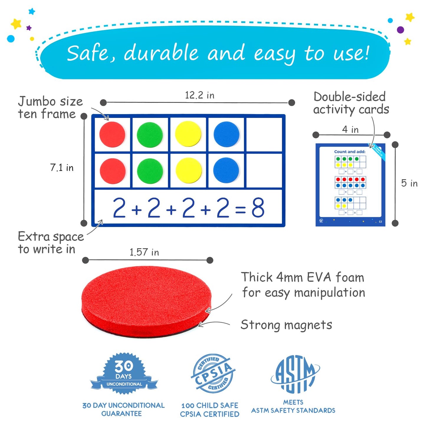 130 PCS Jumbo Magnetic Ten Frame Set, Ten Frames Class Set, Math Manipulatives for Kindergarten, PreK, Preschool, Math Counters, Games for Kids, Magnetic Counters, Teacher and Homeschool Supplies