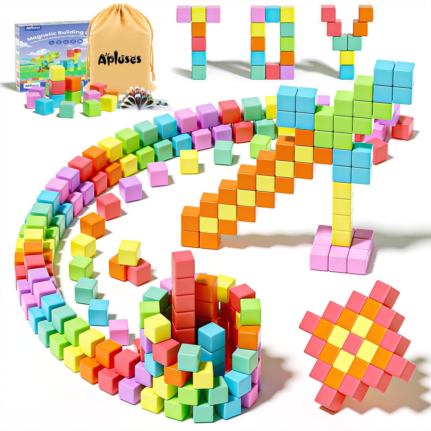 Apluses 104PCS Magnetic Blocks, Essential Creative Learning Toys for Kids | Preschool Montessori Sensory Autism-Friendly Magnet Toys for Boys and Girls Ages 3-6
