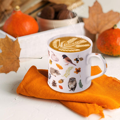 Autumn Animals Coffee Mug, 12 oz New Bone China Mug with Bird, Hedgehog, Owl & Pumpkin Design, Halloween & Fall Seasonal Ceramic Tea Mug, Nature Lover Gift, Designed in England by Harvest Green Studio