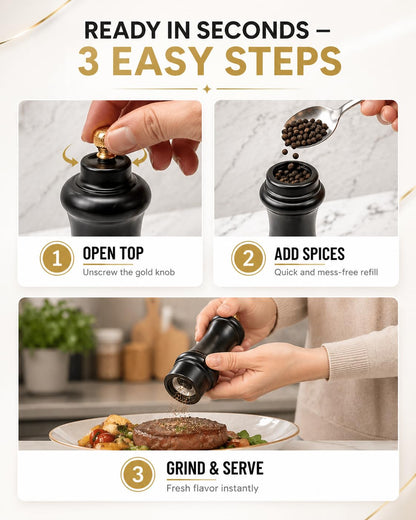 AAB Kitchen Tools Wooden Black and White Manual Refillable Large Salt and Pepper Grinder Set, Shaker with Adjustable Ceramic Grinding Mechanism for Customized Coarseness, 8 Inches, Pack of 2