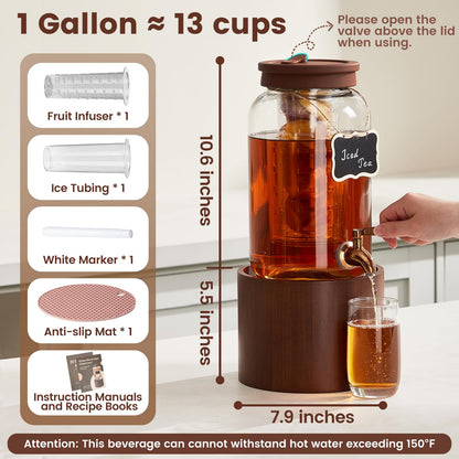 1 Gallon Glass Drink Dispenser for Parties, Beverage Dispenser with Wooden Stand, Silicone Lid and Stainless Steel Spigot, Ideal for Lemonade, Juice, Sun Tea, and Party Drinks