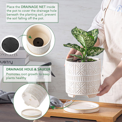 POITONRU Ceramic Plant Pots Indoor-Outdoor: 6 Inch Embossed Planters with Drainage Hole & Saucer - Modern Decorative Flower Pots for Home Garden Patio Office Decor