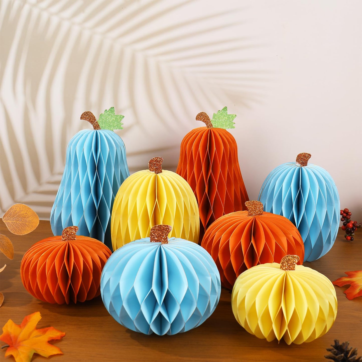 JarThenaAMCS 8Pcs Fall Pumpkin Honeycomb Centerpieces Beige Orange Blue Glitter Paper Honeycomb Ball Ornaments for Autumn Harvest Thanksgiving Party Home Table Decor