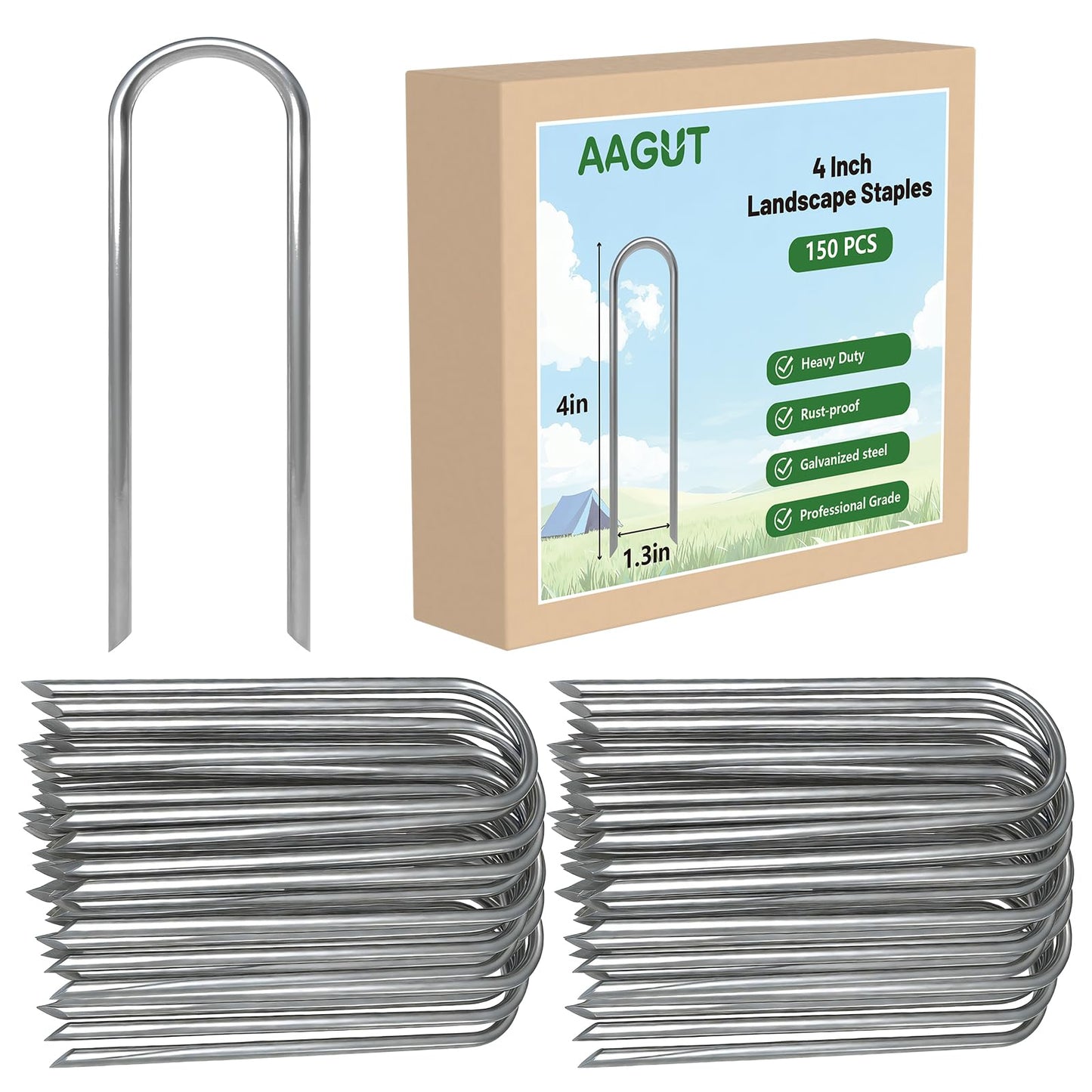 AAGUT 4 Inch Landscape Stakes 150 Pack Garden Drip Irrigation Tubing Stakes Heavy Duty 14 Gauge Galvanized Ground Staples Lawn U Hooks for Soaker Hose, Chicken Wire, Chain Link Fence, Dog Fence