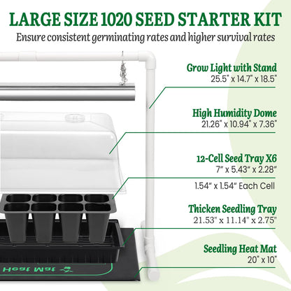 SOLIGT 1020 Size Seed Starter Kit with Grow Light and Heat Mat – 7" Humidity Dome, 6x12 Cell Seed Starter Tray, Bright-Adjustable with 8/12/18H Timer & Stand for Seed Starting & Seedling Propagation