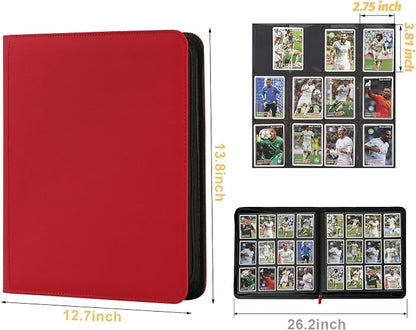 12 Pocket Ringless Side Loading Trading Card Binder, 720 Cards PU Fixed Page Zipper Card Album for TCG Sports Game Cards, Not Fit Top Loaders (Red)