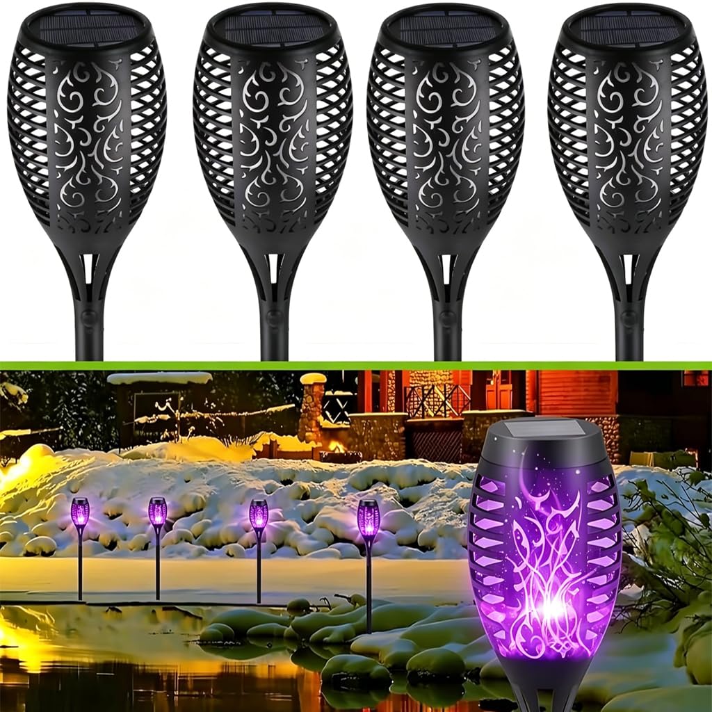 HSKMNFCQF 4 Pack Solar Flame Lights Outdoor, Flickering Flame Torch Lights, IP65 Waterproof Solar Powered Garden Lights for Patio Lawn Yard Pathway Decor (Purple)