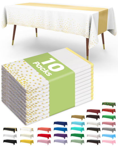 Pureegg Plastic Table Cloth Disposable 10 Pack, 54 x 108 Inch, Table Runner Style, Graduation Decorations 2026, Party Tablecloths, Rectangle, Plastic Cover, Leakproof & Sturdy, White Gold