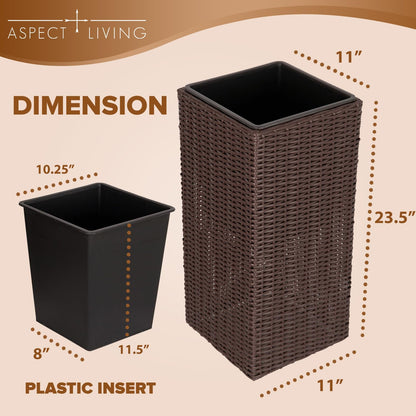 Aspect Living Tall Planter and Sierra Square Wicker Planter Set of 2 - Modern Outdoor Planters for Patio, Balcony, or Garden