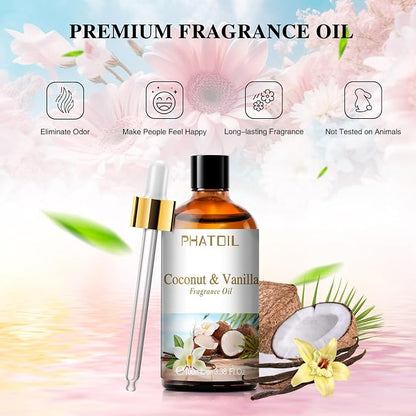 PHATOIL 3.38FL.OZ Coconut & Vanilla Fragrance Oils for Aromatherapy, Long Lasting Scented Oils for Home, Perfect for Diffuser, Yoga, DIY Candle and Soap Making - 100ml