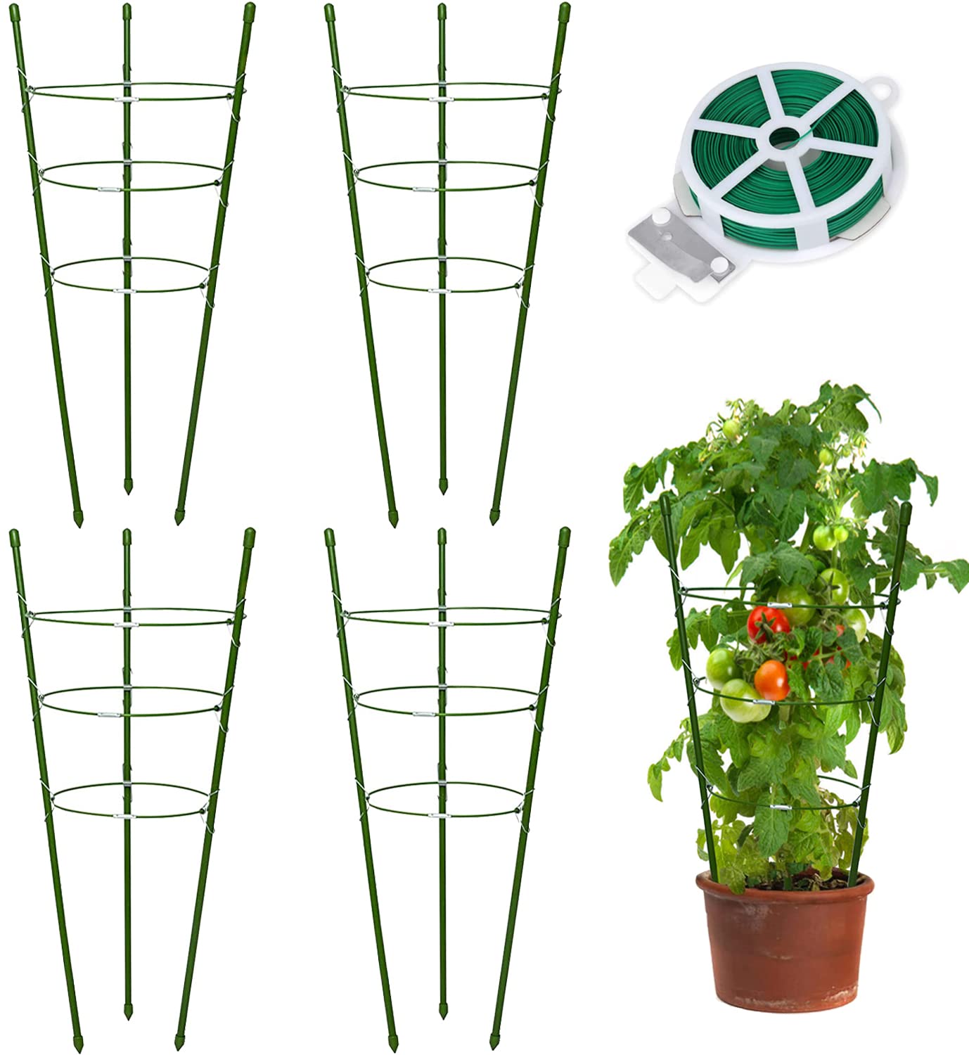 18" Small Plant Support Tomato Cages, 4 Pack Adjustable Garden Trellis for Indoor Outdoor Climbing Plants, Peony Flower Stakes with 66ft Garden Twist Ties, Green Metal Plant Cages for Pots & Garden