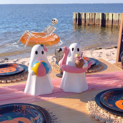 Blulu 2 Pcs Summer Halloween Ghost Figure Decor Resin 6 Inch Beach Pool Party Decoration Cute Kawaii Spooky Summer Halloween Hawaii Gift Decor Funny Ghost Statue Tabletop Indoor Outdoor Home